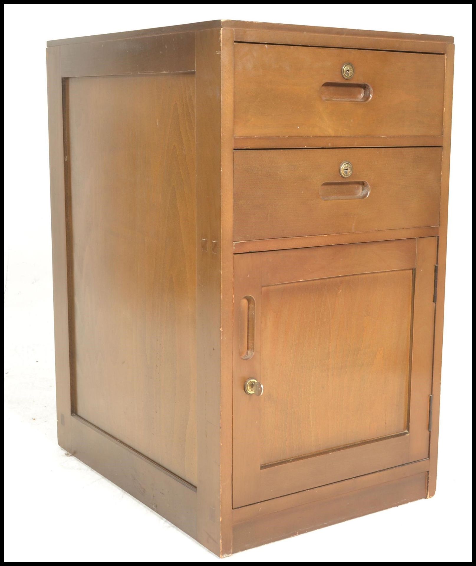 A 20th Century Air Ministry bedside locker, flared top over twin drawers with recessed handles and