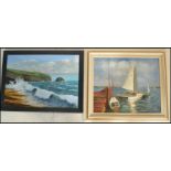 A 20th Century oil on canvas painting depicting boats in a harbour set within a frame. Measures 69cm