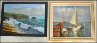 A 20th Century oil on canvas painting depicting boats in a harbour set within a frame. Measures 69cm