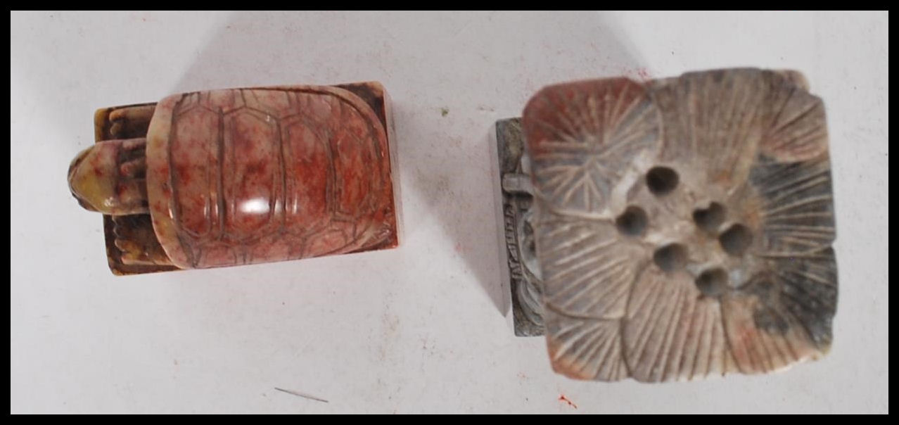 Two 20th Century Chinese carved soapstone cylinder desk seals of rectangular form, one carved into - Image 14 of 16