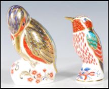 Two Crown Derby paperweights with gold stoppers to include a Kingfisher and a Hummingbird both