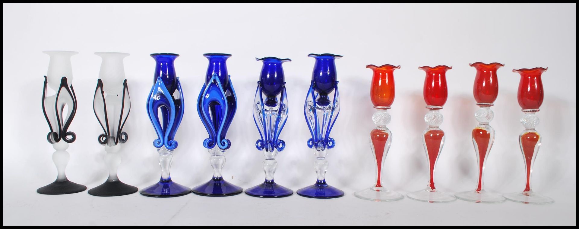 A collection of 10 Italian studio art glass candlesticks dating from the 20th century. To include