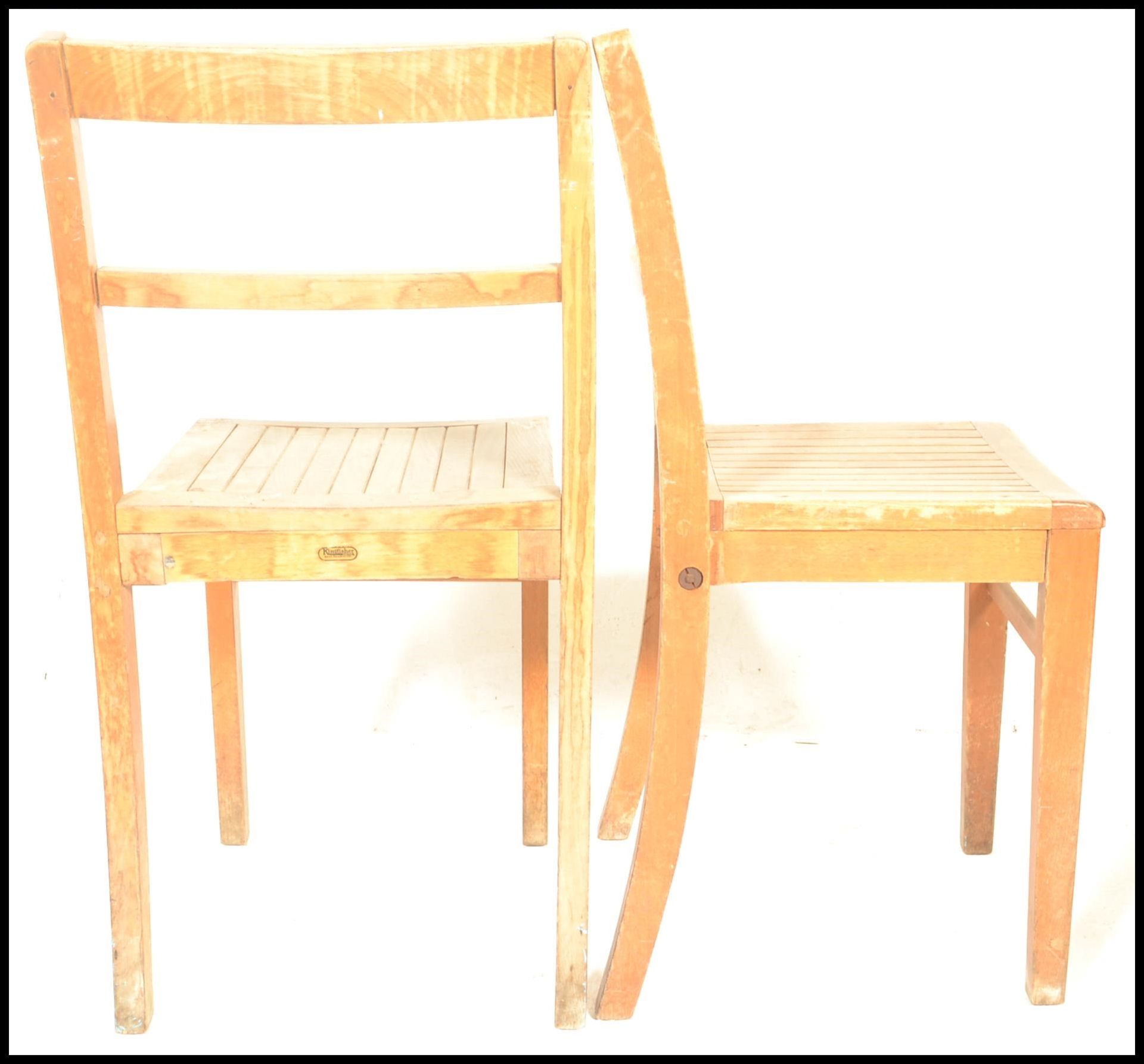 A set of 6 mid 20th century beech wood school / village hall dining chairs. Each with beech wood - Image 4 of 4