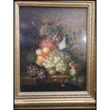 A 20th century oil on panel still life study / painting of fruits on a table set to a black laquer