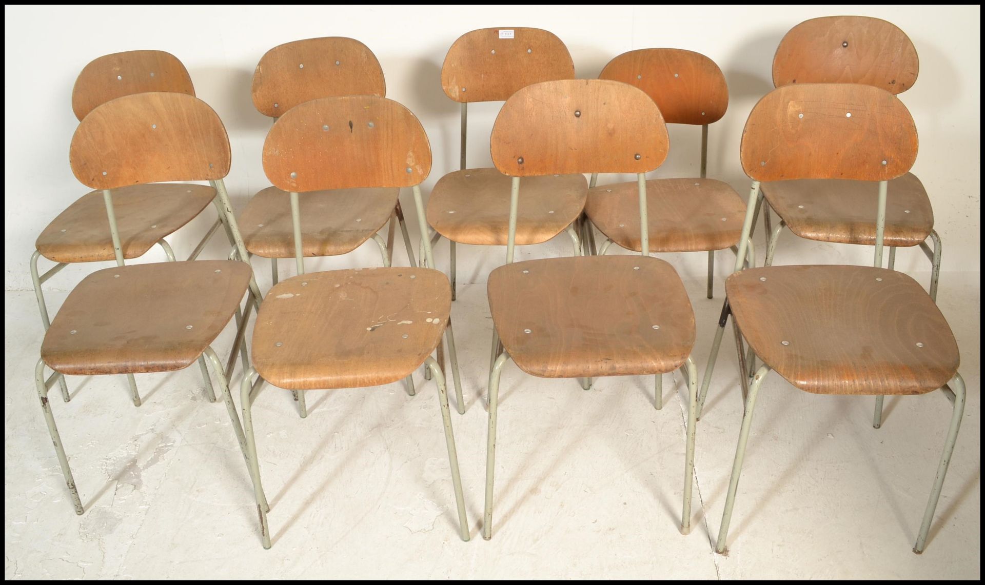 A set of 9 mid 20th century bentwood and tubular metal industrial stacking chairs. Each with painted - Image 3 of 5