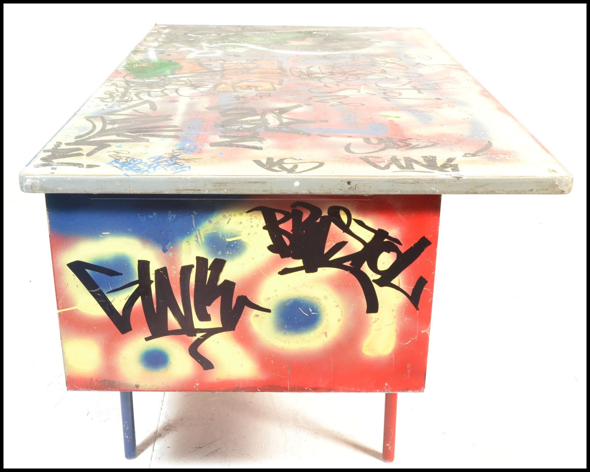 A mid century metal Industrial desk being upcycled with Graffiti  and spray painted finish having - Image 8 of 9