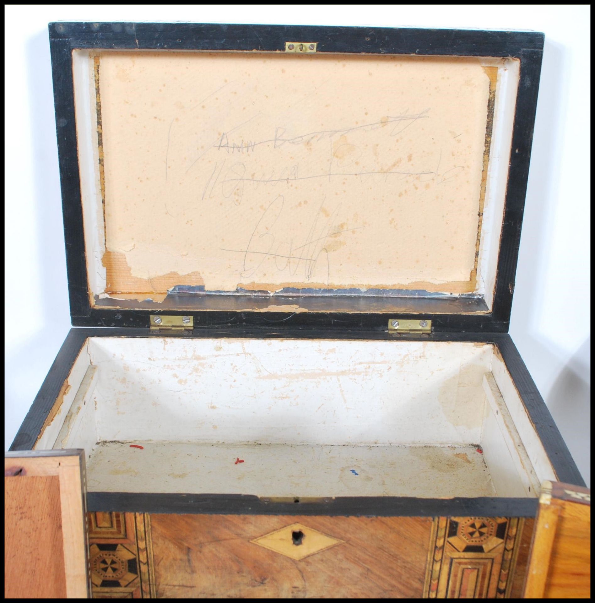 A collection of various boxes to include a 19th Century Tunbridge ware work box, a lacquered - Bild 6 aus 7