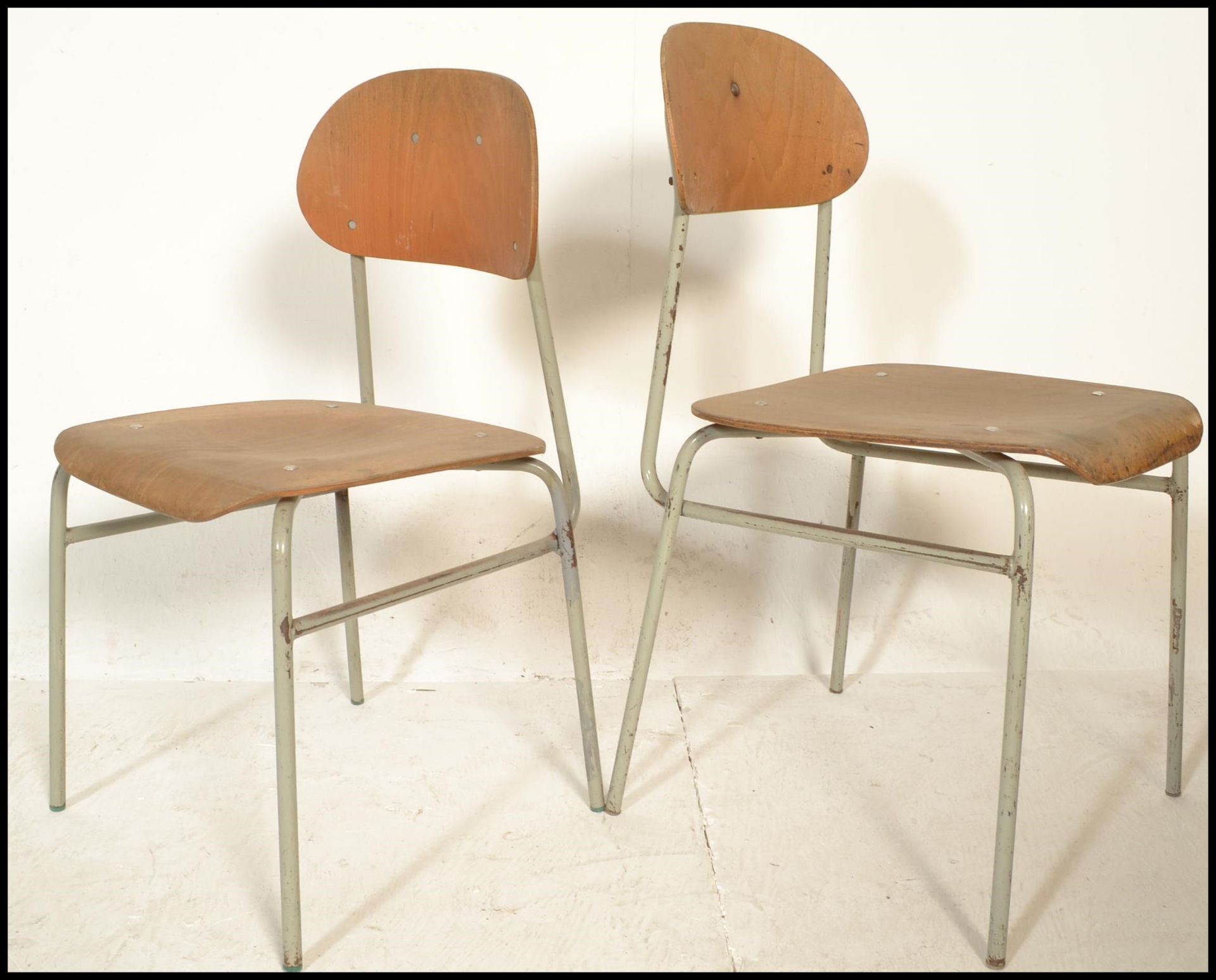 A set of 9 mid 20th century bentwood and tubular metal industrial stacking chairs. Each with painted - Image 4 of 5