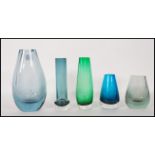 A selection of retro vintage 20th Century coloured studio glass vases to include Danish inspired