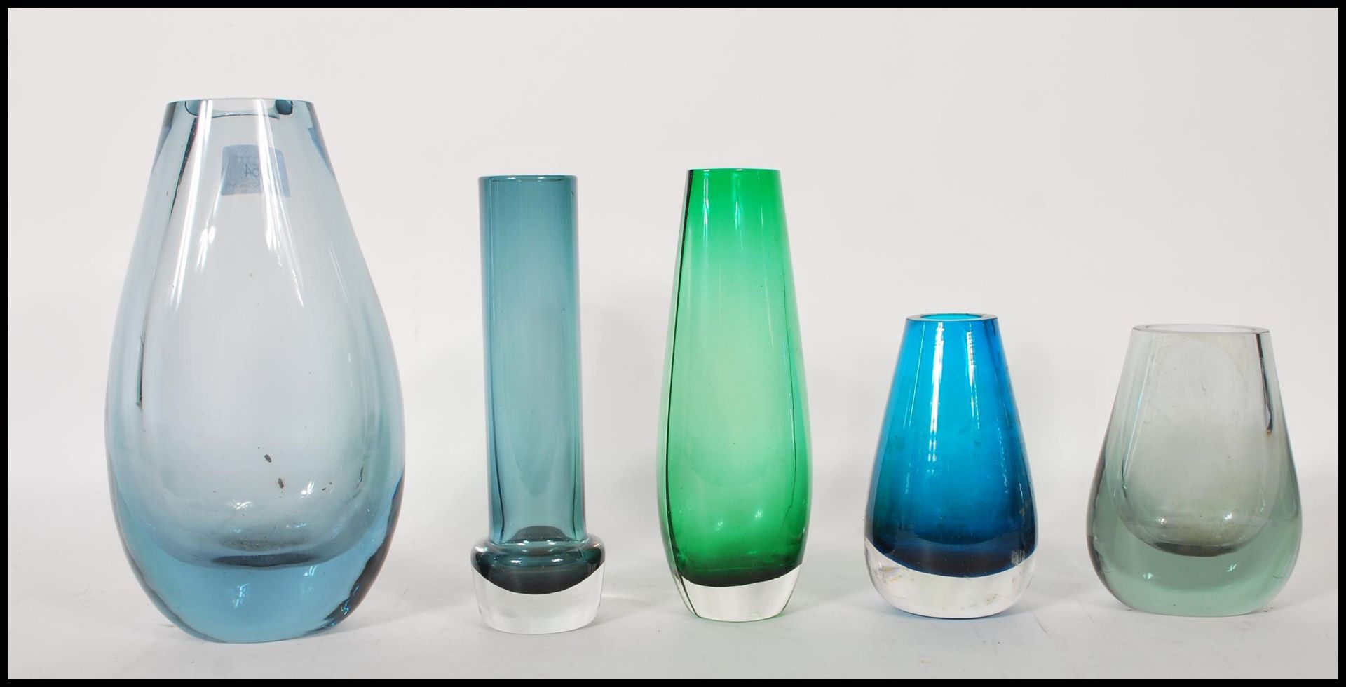 A selection of retro vintage 20th Century coloured studio glass vases to include Danish inspired