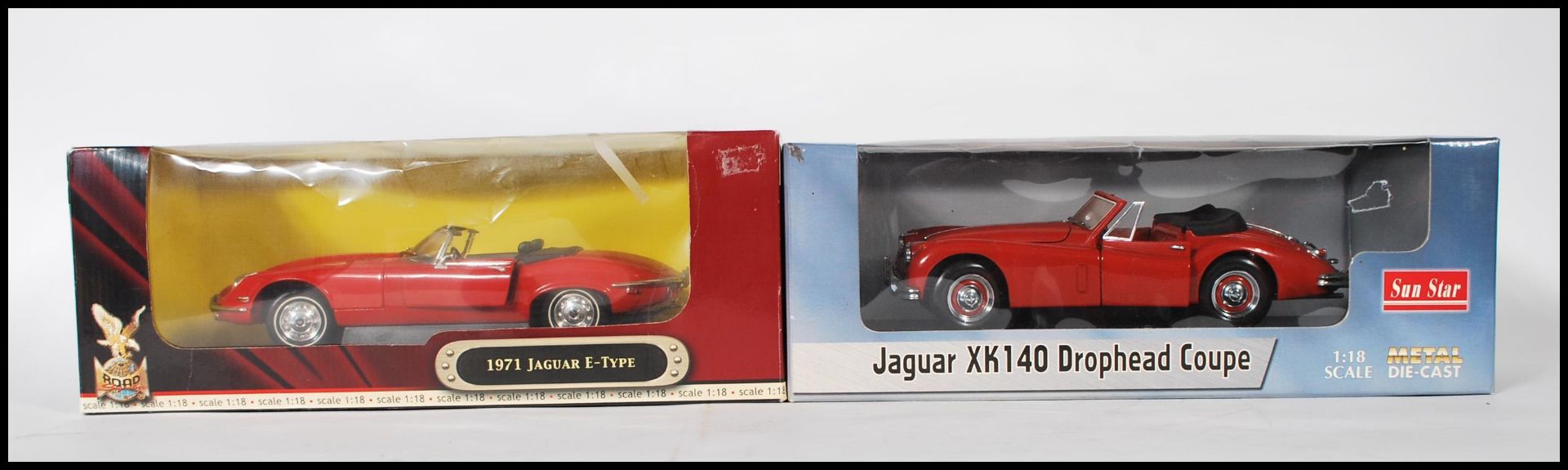 Two boxed diecast scale model cars to include the Jaguar Xk140 drophead coupe by Sun Star and a 1971