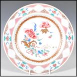 An 18th Century Chinese famille rose porcelain plate having hand painted central cartouche panel