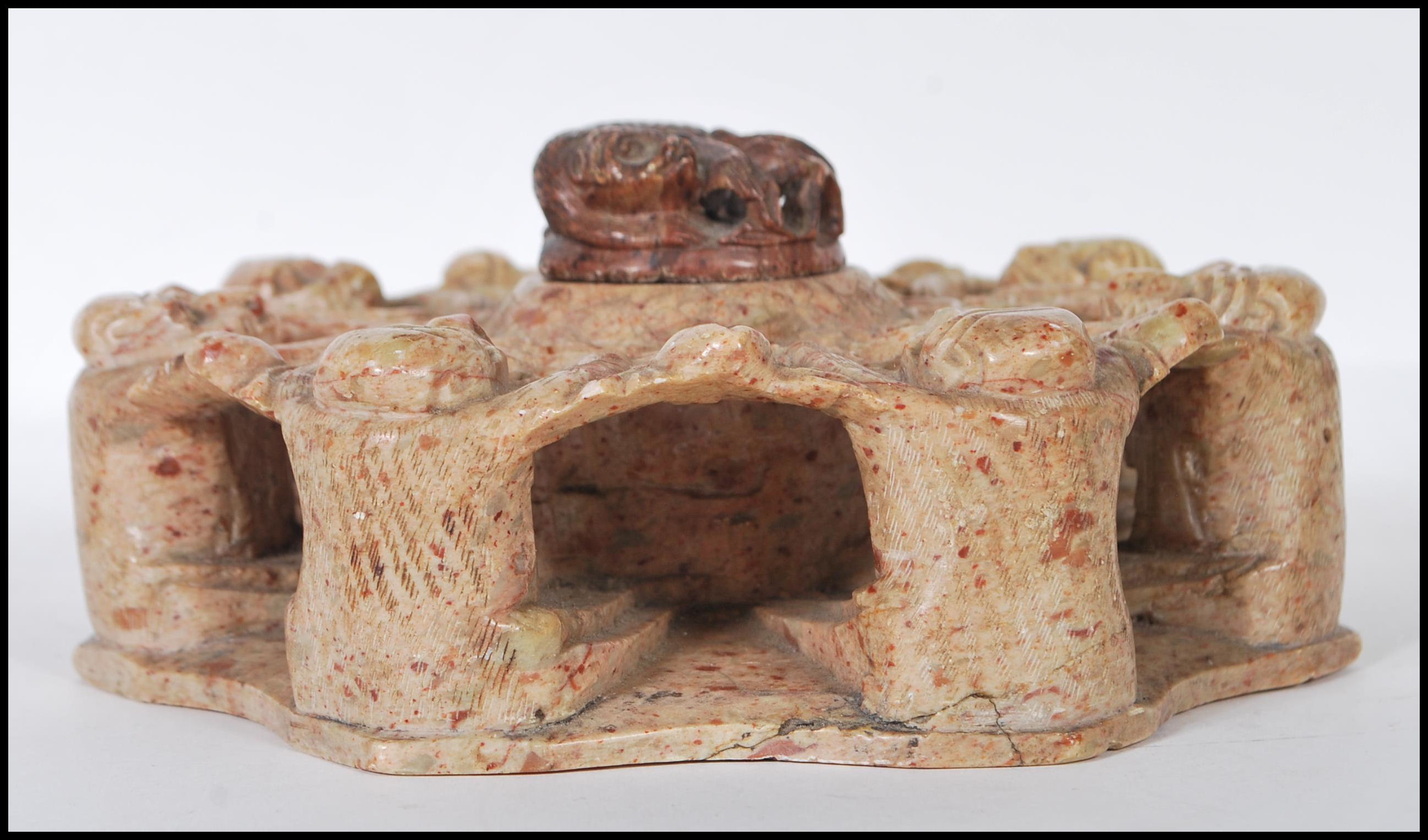A 20th Century craved soapstone inkwell of heptago - Image 2 of 7