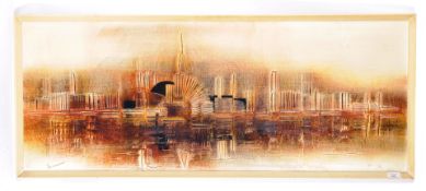 20TH CENTURY OIL ON BOARD TEXTURED PAINTING DEPICTING A SKYLINE