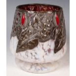 ART NOUVEAU MOTTLED GLASS & PEWTER FOOTED VASE