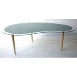 20TH CENTURY TWO TONE GLASS AND WOOD KIDNEY COFFEE TABLE