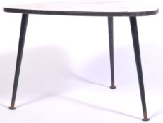 MID 20TH CENTURY FORMICA TOP TRIANGULAR TRIPOD OCCASIONAL TABLE