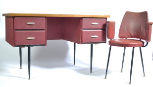 UNUSUAL MID 20TH CENTURY OX BLOOD VINYL, OAK AND METAL DESK WITH CHAIR