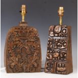 TWO 20TH CENTURY TRIBAL ART / MAYAN STYLE BRONZE EFFECT LAMPS