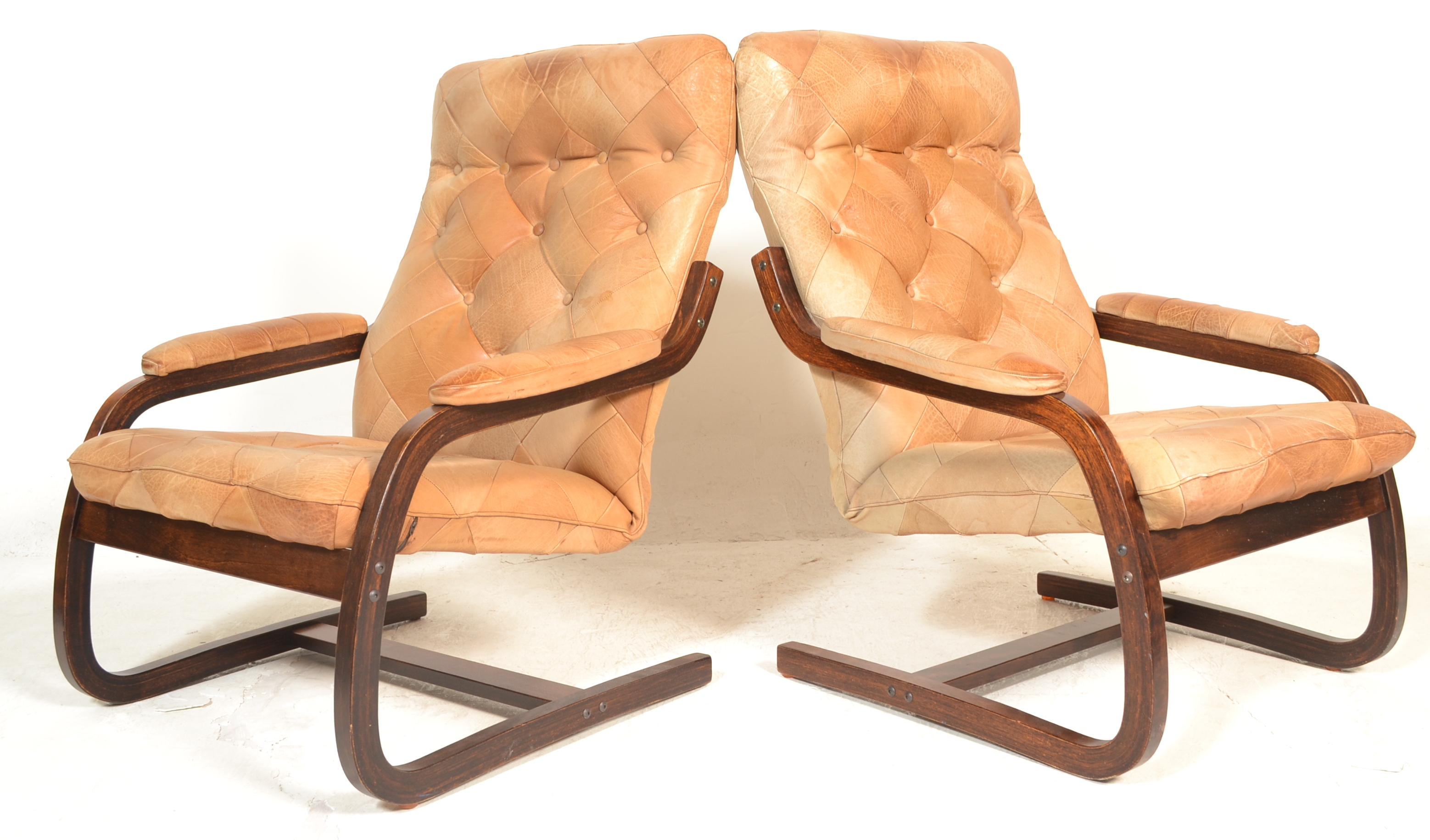 PAIR OF VINTAGE 1970'S DANISH RETRO LEATHER SLING ARM CHAIRS