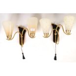 PAIR OF 1950'S BRASS WALL LIGHTS WITH GLASS SHADES