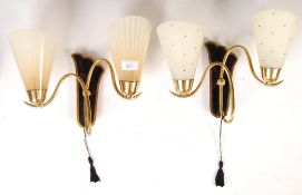 PAIR OF 1950'S BRASS WALL LIGHTS WITH GLASS SHADES