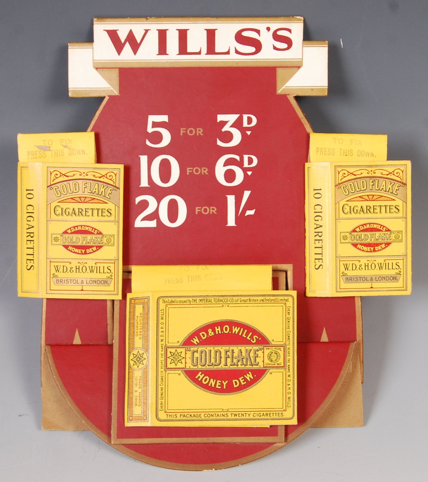 WILLS'S GOLD FLAKE CIGARETTES UNUSED SHOP ADVERTISING DISPLAY