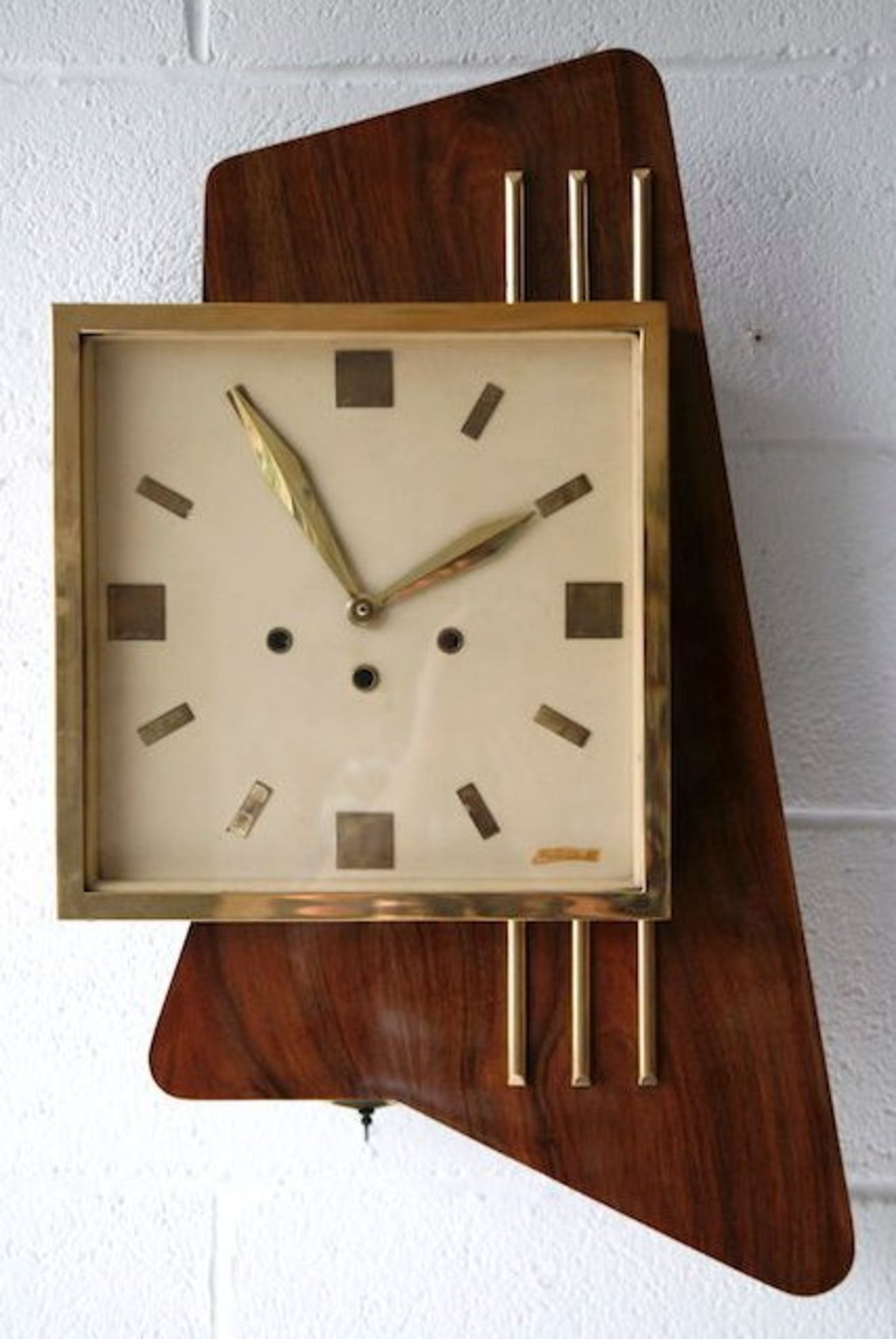 RARE 1950'S WESTMINSTER CREATIONS TEAK AND BRASS WALL CLOCK