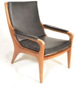 DANISH MID CENTURY TEAK WOOD AND FAUX LEATHER ARMCHAIR