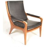 DANISH MID CENTURY TEAK WOOD AND FAUX LEATHER ARMCHAIR