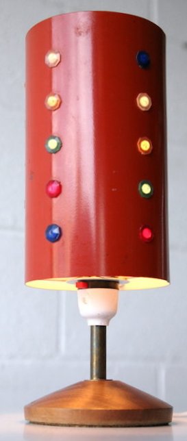 1960'S RETRO TEAK LAMP WITH METAL AND PLASTIC JEWELLED SHADE