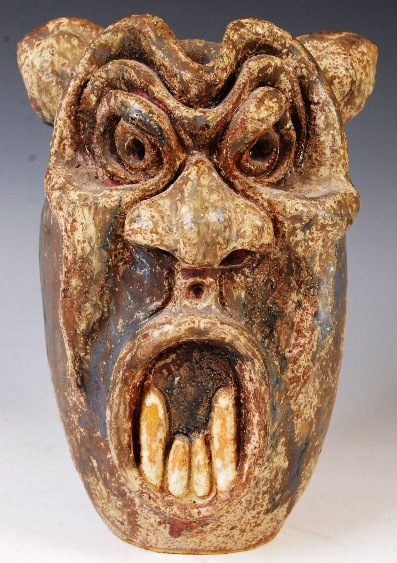 SIGNED 1950'S STUDIO FOLK ART POTTERY TWIN GROTESQUE DEVIL FACE JAR