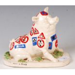 UNUSUAL STUDIO POTTERY CLAY PIG DECORATED WITH ROAD SIGNS