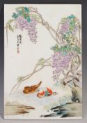 CHINESE REPUBLIC PERIOD PORCELAIN TILE DECORATED WITH MANDARIN DUCKS