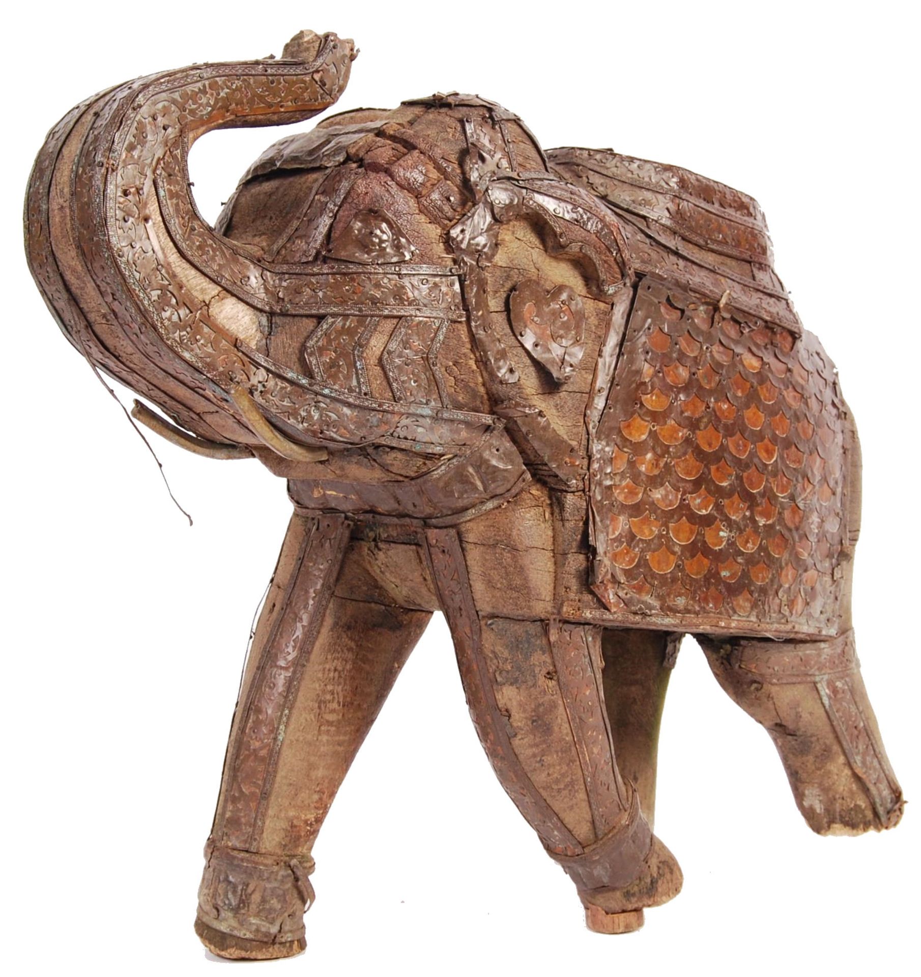 EARLY 20TH CENTURY LARGE WOODEN AND COPPER INDIAN ELEPHANT