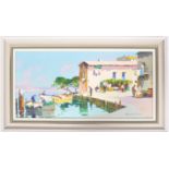 D'OYLY JOHN OIL ON CANVAS PAINTING OF A TOWN SCENE WITH BOATS