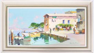 D'OYLY JOHN OIL ON CANVAS PAINTING OF A TOWN SCENE WITH BOATS