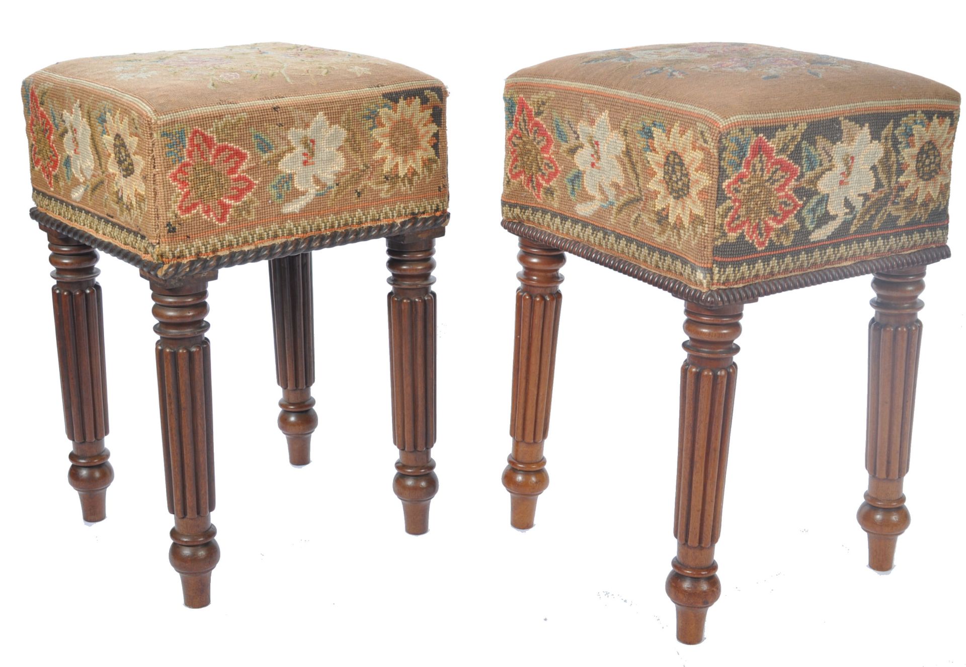 PAIR OF BELIEVED GILLOWS MAHOGANY UPHOLSTERED FOOTSTOOLS