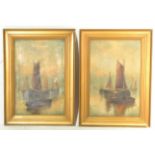 HENRY COOPER ( BRITISH 19TH CENTURY ) PAIR PAINTINGS THAMES BARGES