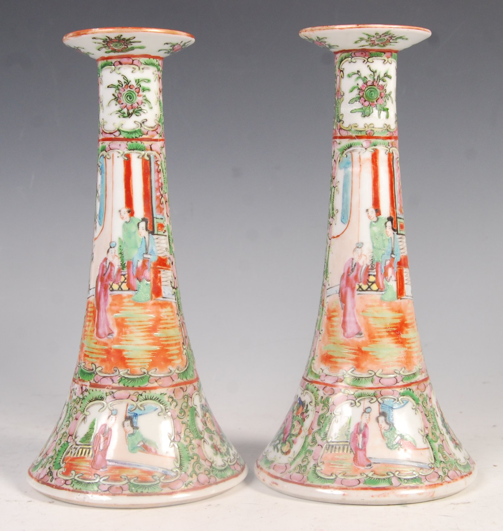 PAIR OF LATE 19TH CENTURY CHINESE CANTON CANDLESTICKS
