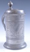 18TH CENTURY PEWTER HARVEST TANKARD WITH SCYTHE SHOVEL AND RAKE