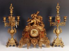 20TH CENTURY ANTIQUE STYLE GILT MANTEL CLOCK AND GARNITURE SET