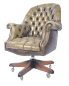 20TH CENTURY GREEN LEATHER CHESTERFIELD OFFICE SWIVEL DESK CHAIR