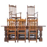 17TH CENTURY STYLE LARGE OAK REFECTORY DINING TABLE & 8 CHAIRS