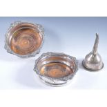 19TH CENTURY SILVER PLATED WINE FUNNEL AND COASTERS PAIR