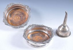 19TH CENTURY SILVER PLATED WINE FUNNEL AND COASTERS PAIR