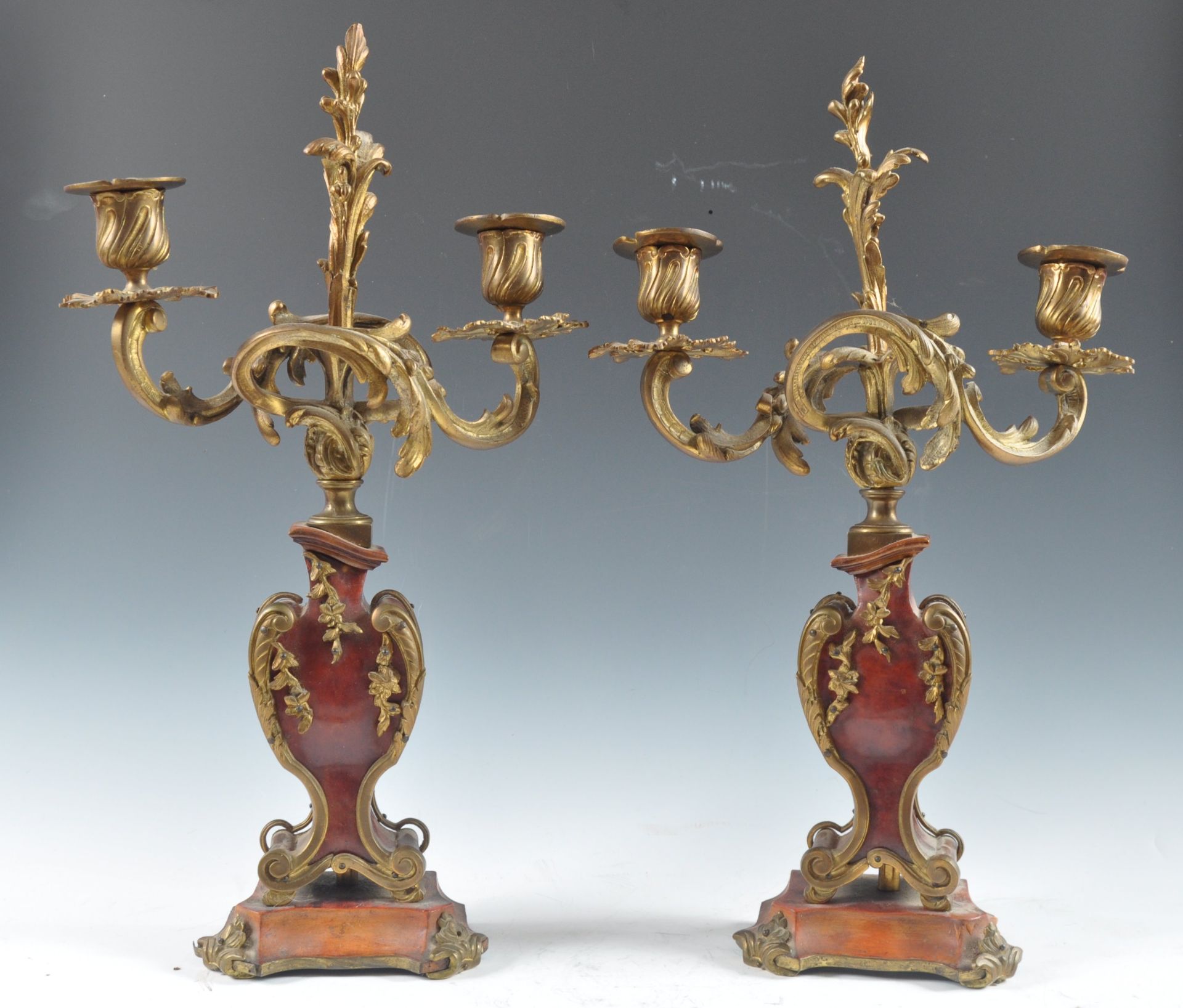 PAIR OF FRENCH 19TH CENTURY ORMOLU & SCARLET TORTOISESHELL CANDELABRA