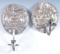 PAIR OF SILVER PLATED DUTCH WALL CANDLE SCONCES WITH REPOUSSE DECORATION