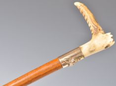 19TH CENTURY HUNTING RIDING CROP WITH 18CT GOLD FOX HEAD COLLAR