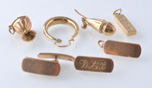 9CT GOLD TO INCLUDE 9CT GOLD INGOT PENDANT, CUFFLINKS, EARRINGS